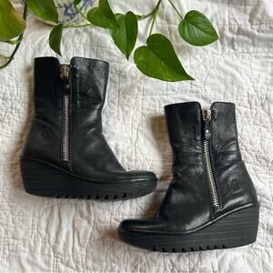 FLY London Yex Leather Fold-Over Wedge Boots